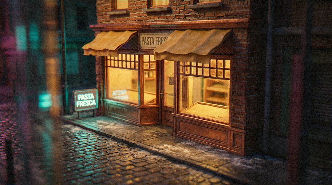 A pasta shop's front on wet cobbles at night: two canvas awnings, warm light in every pane, a sign over the door and a lit sign on the pavement, both reading PASTA FRESCA.