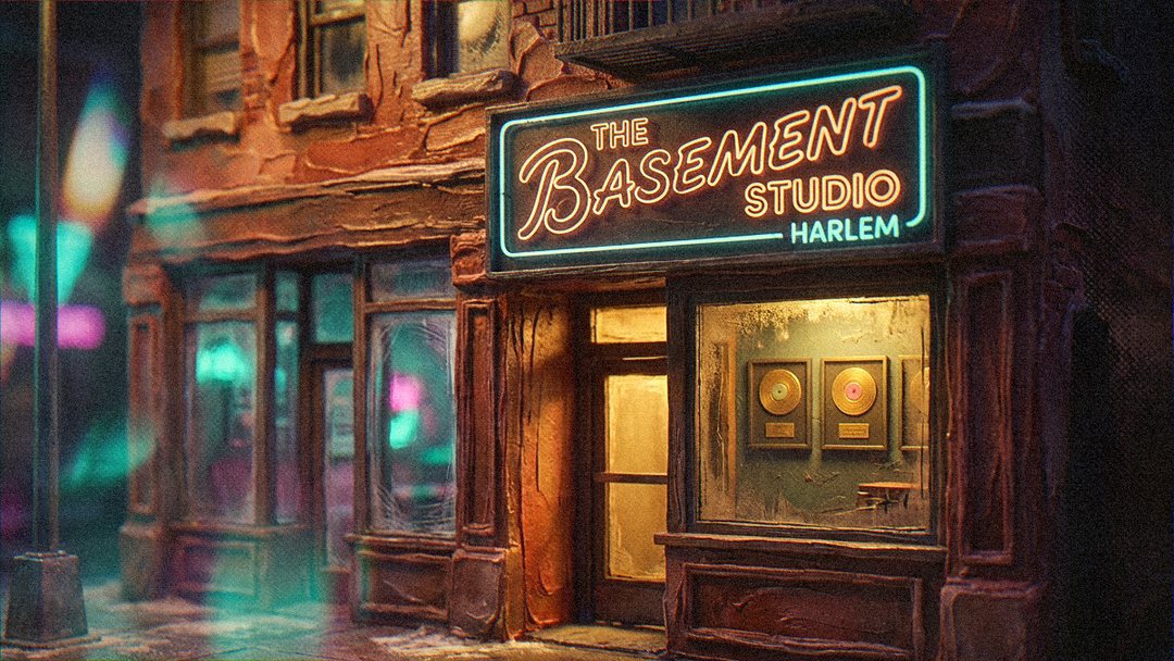 A brick storefront under a neon sign that reads THE BASEMENT STUDIO, HARLEM, with gold records hanging in its lit window and a lamppost at the wet curb.