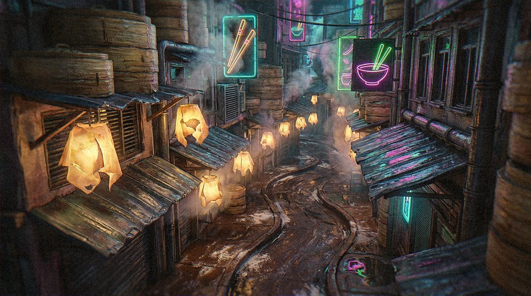 A narrow lane at night, steam drifting between tin awnings, paper lanterns and stacked bamboo steamers, under neon signs shaped like chopsticks and a noodle bowl.