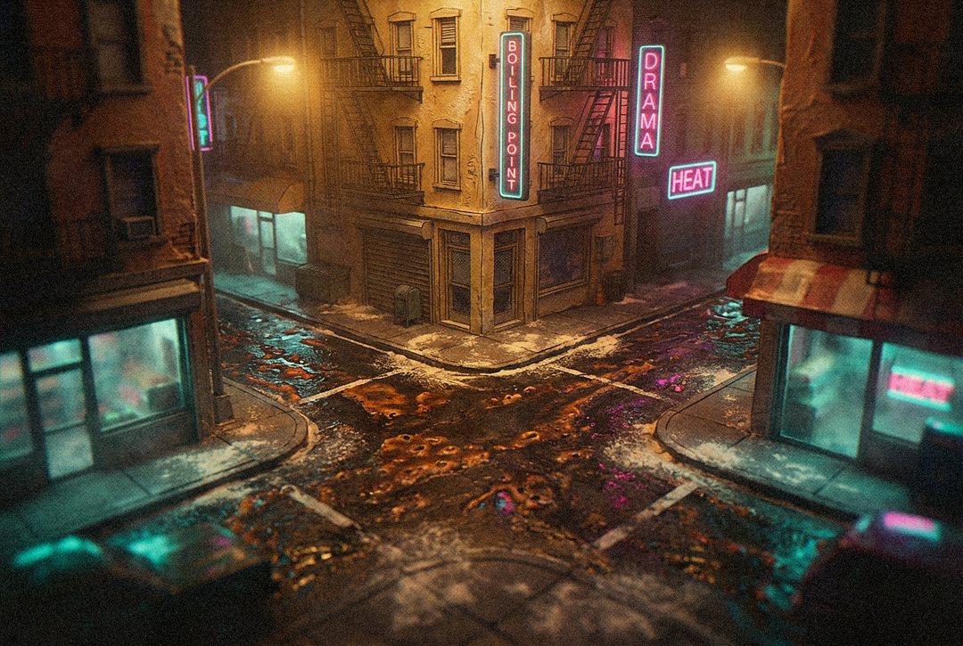 A wet cobbled crossroads at night under two streetlamps, steam coming off the stones and the puddles shining orange and violet, with neon signs on the corner buildings reading BOILING POINT, DRAMA and HEAT.
