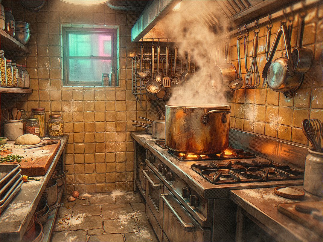 Nonna’s back kitchen in old yellow tile: a dented copper stockpot at a hard boil on the range, steam rolling up past ladles and pans on hooks, jars of dried pasta on a wooden shelf and a ball of dough on a floured board.