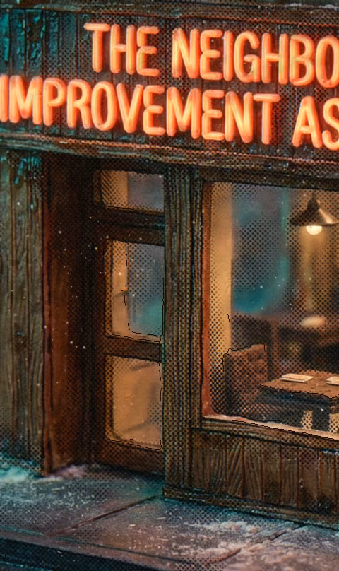The Social Club, under red neon that reads THE NEIGHBORHOOD IMPROVEMENT ASSOCIATION.